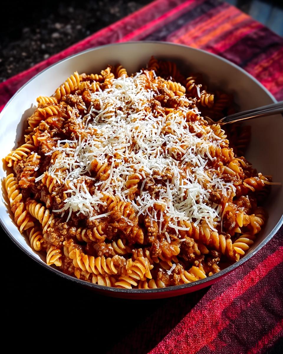 A close-up of a bowl filled with rotini pasta coated in a rich sauce and topped generously with grated cheese, representing Ground Turkey Pasta.
