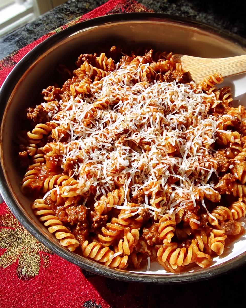 A close-up of a stainless steel bowl filled with rotini Ground Turkey Pasta topped generously with shredded Parmesan cheese.