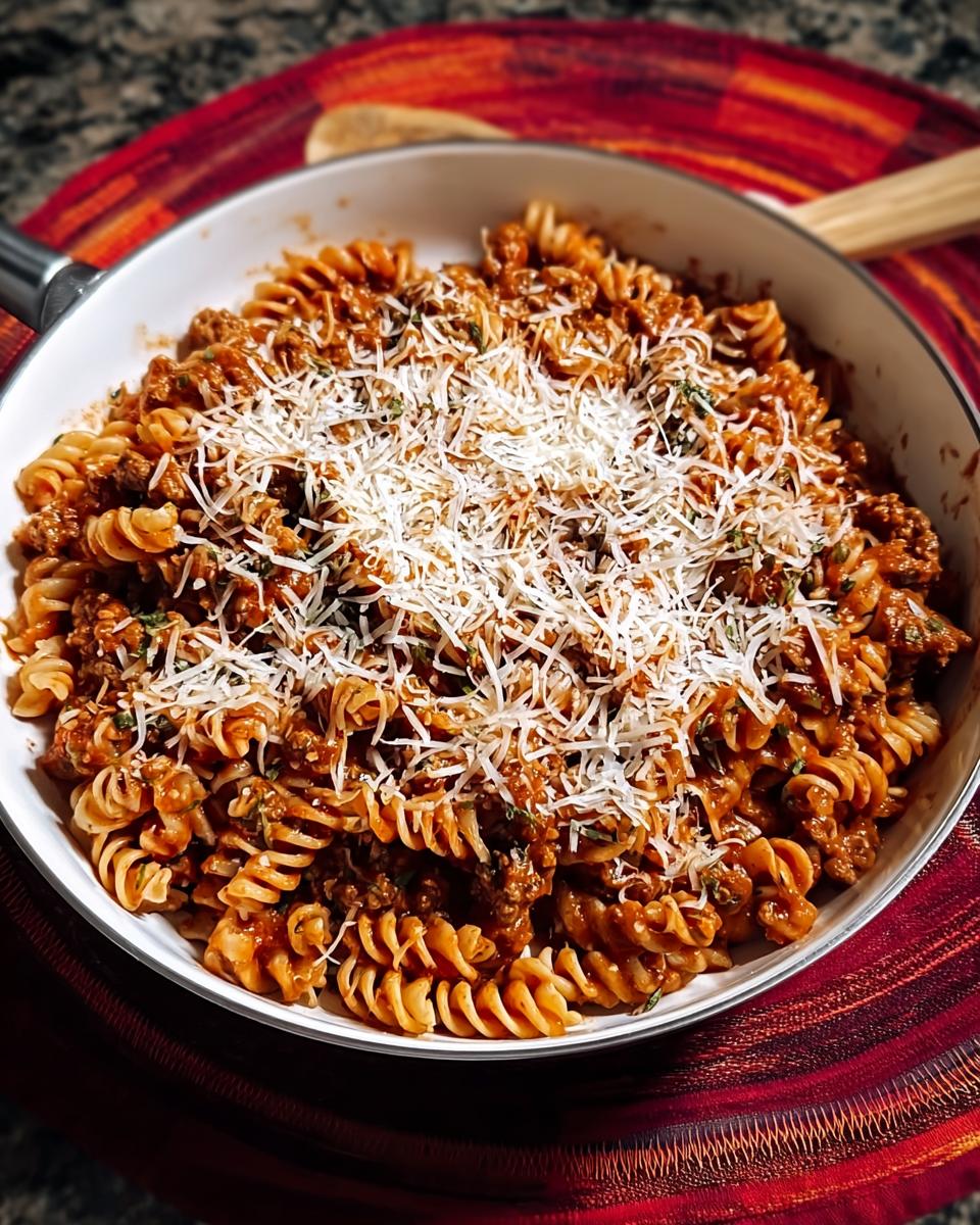 A skillet filled with rotini pasta coated in a rich sauce and ground turkey, topped generously with shredded Parmesan cheese.