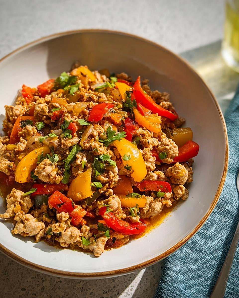 A close-up of a skillet dish featuring seasoned ground turkey mixed with colorful red and yellow bell peppers, garnished with herbs.