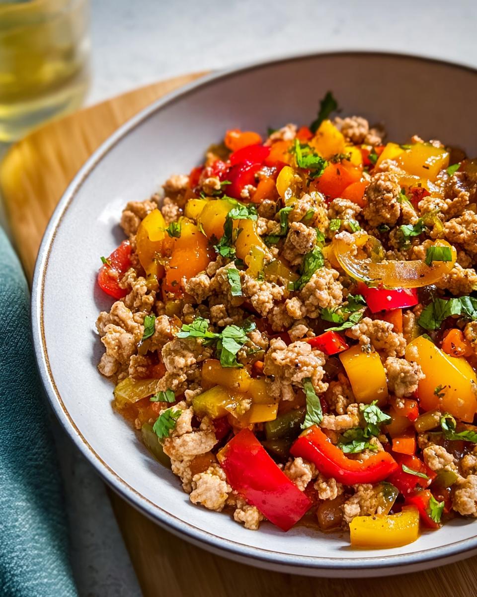 A close-up of a healthy ground turkey recipe mixed with colorful sautéed red and yellow bell peppers, garnished with fresh herbs.