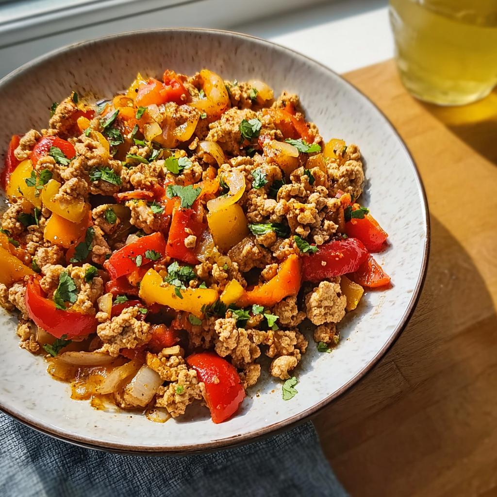A bowl of colorful ground turkey recipe mixed with sautéed red and yellow bell peppers and onions, garnished with parsley.