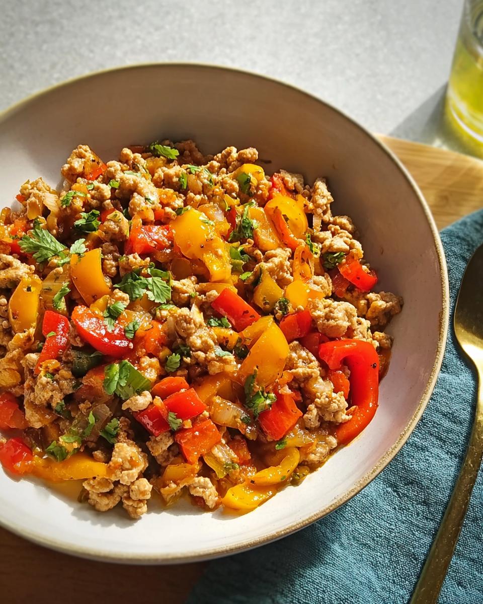 A bowl of flavorful ground turkey recipes mixed with sautéed red and yellow bell peppers, garnished with cilantro.