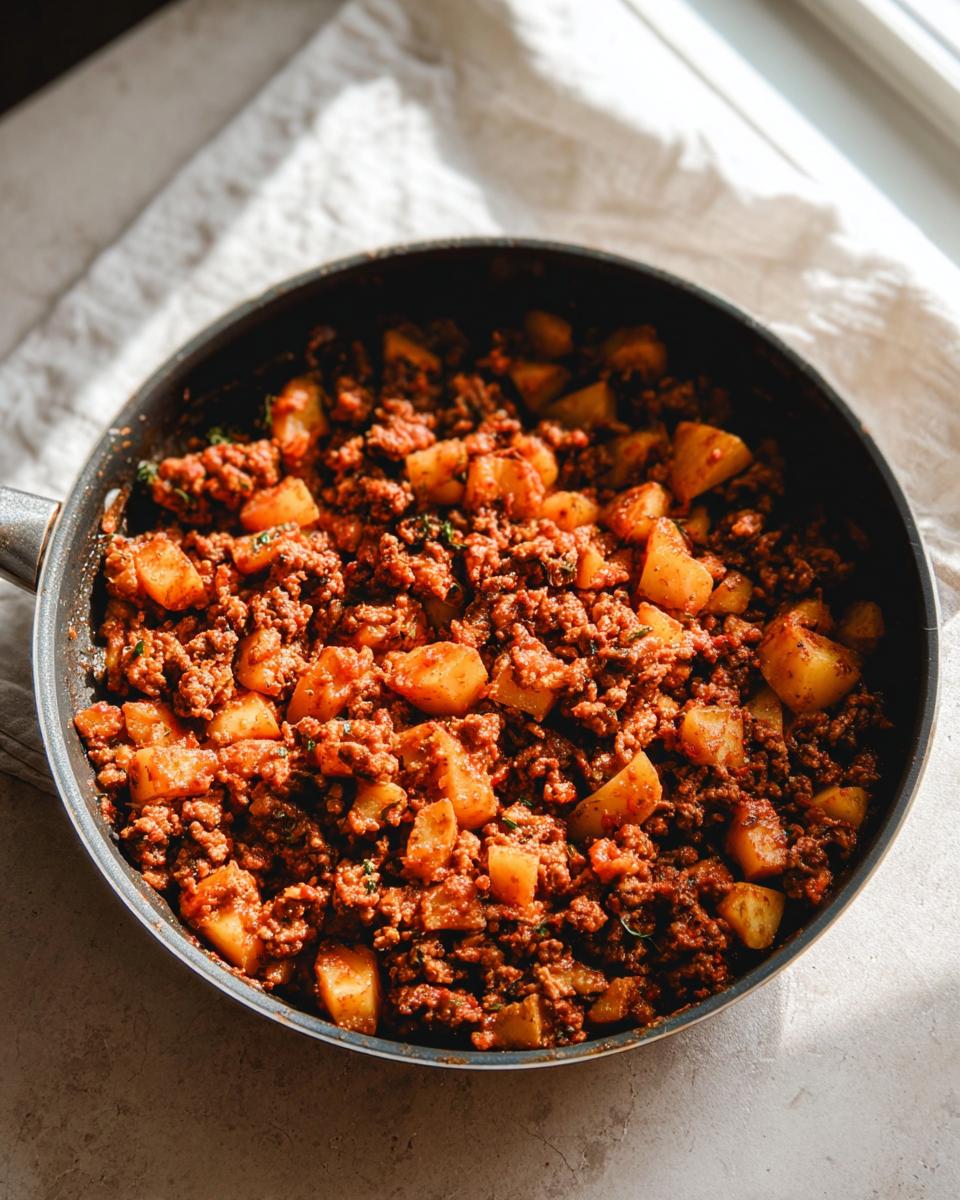 Close-up of Ground Turkey with Potatoes mixed in a dark skillet, coated in a rich, reddish sauce.