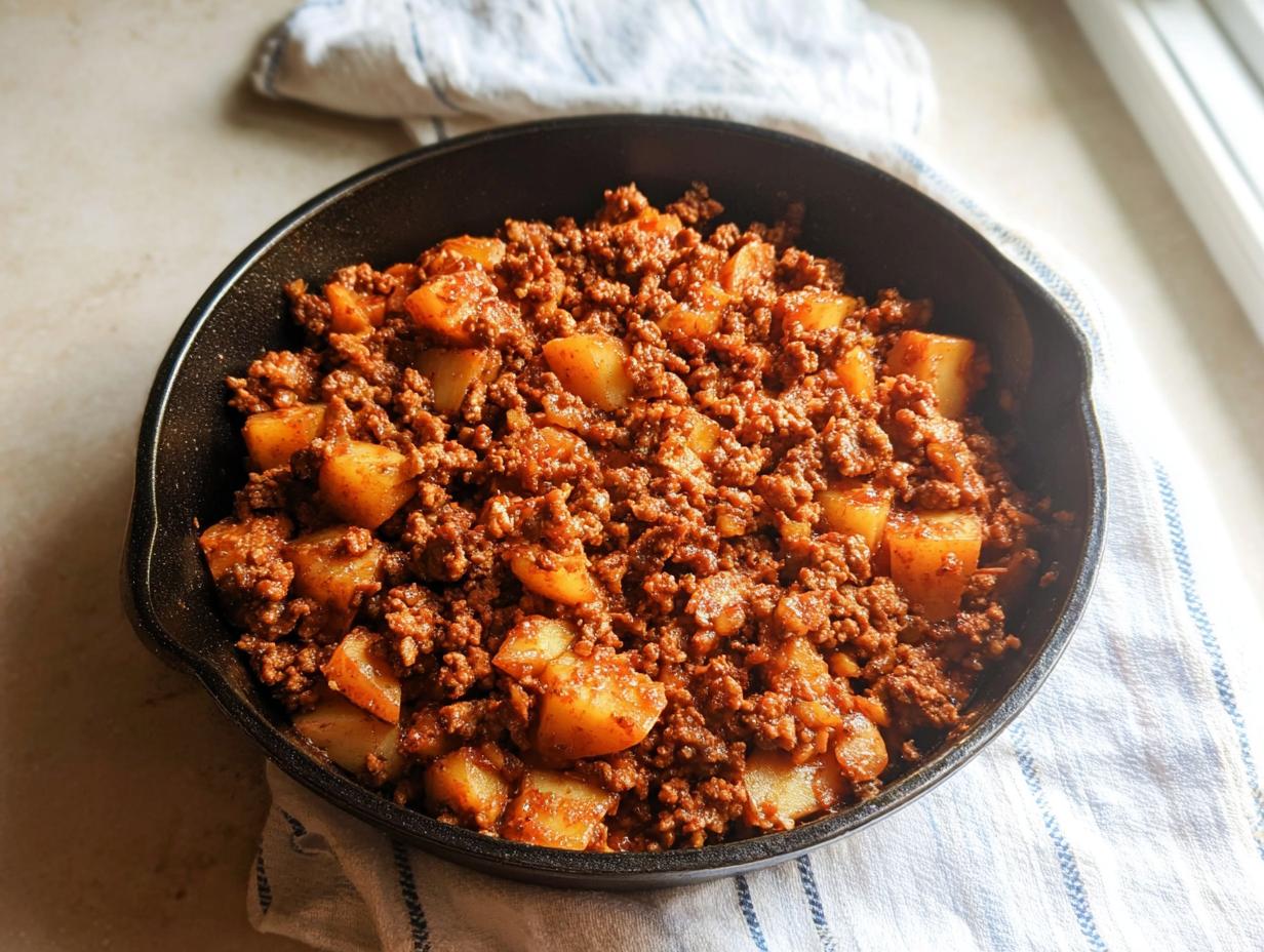 Close-up of seasoned ground turkey with chunks of cooked potatoes mixed together in a black cast iron skillet.