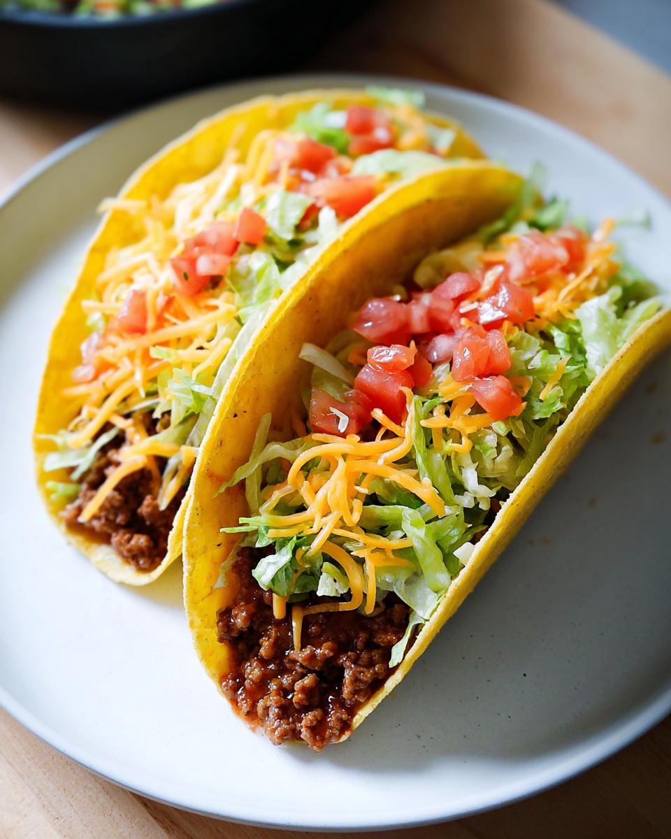 Two classic hard shell tacos filled with seasoned ground beef, shredded lettuce, cheese, and diced tomatoes, perfect for Taco Tuesday Recipes.