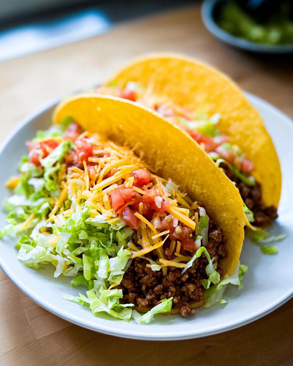 Two hard-shell tacos filled with seasoned ground beef, shredded lettuce, cheese, and pico de gallo, perfect for Taco Tuesday Recipes.