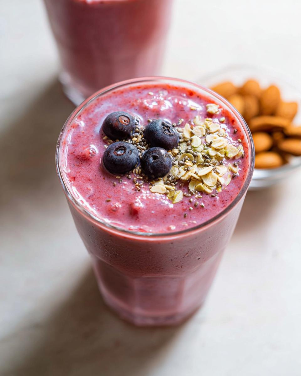 Close-up of a vibrant pink Healthy Fruit Breakfast Smoothie topped with blueberries, oats, and chia seeds.
