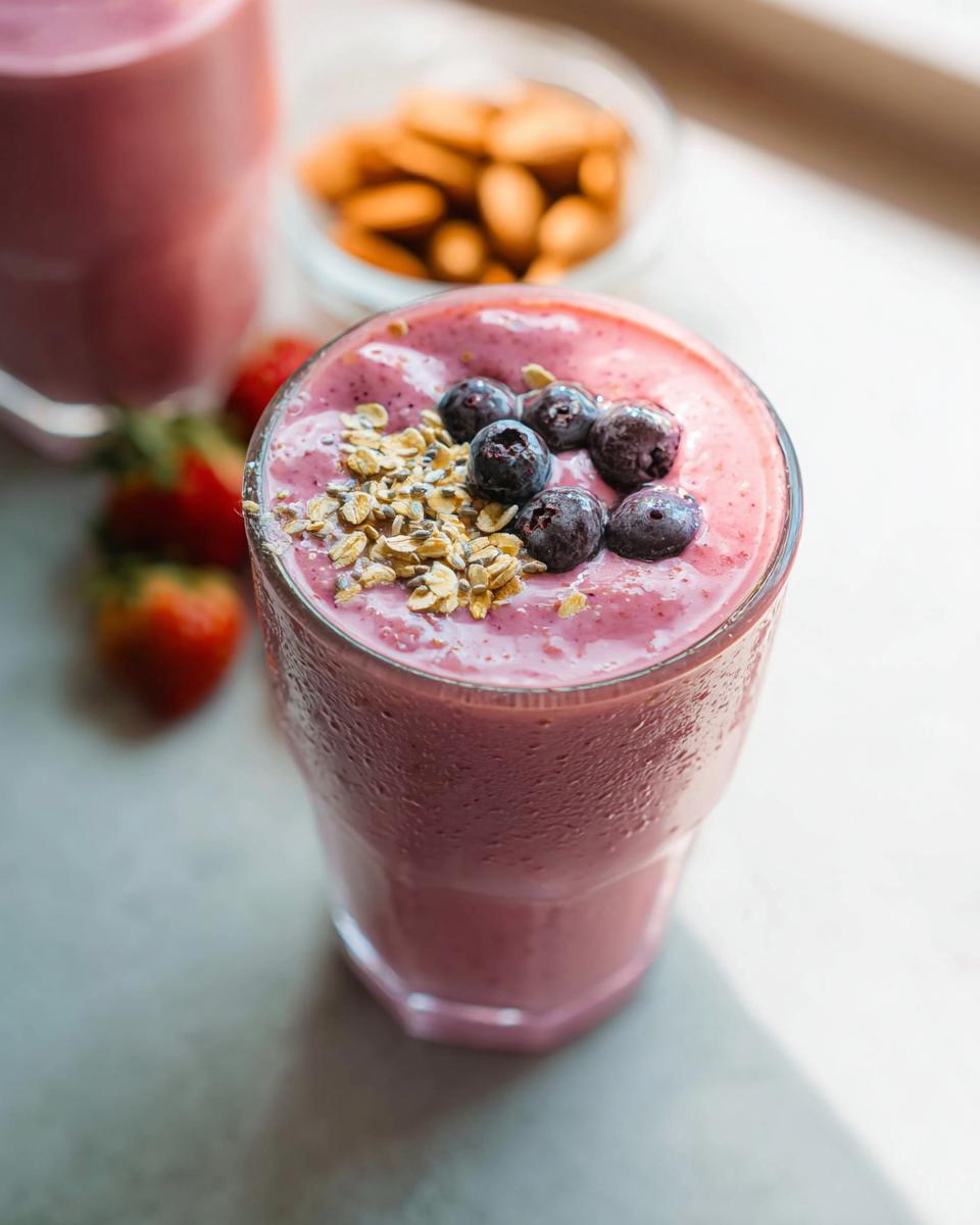 Close-up of a thick, pink Healthy Fruit Breakfast Smoothie topped with blueberries and oats.