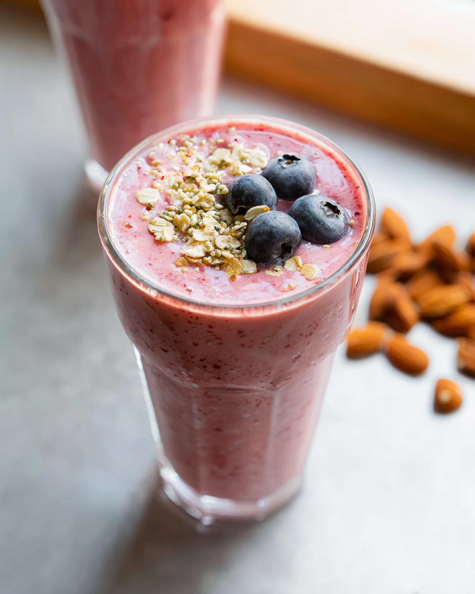 Close-up of a Healthy Fruit Breakfast Smoothie topped with blueberries, oats, and seeds.
