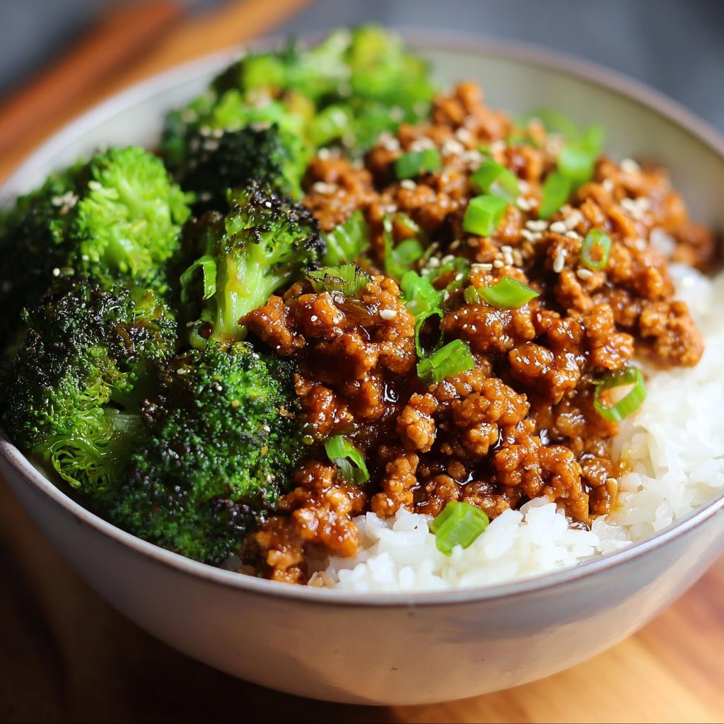 Close-up of a bowl featuring Healthy Honey Garlic Ground Turkey served over white rice with bright green broccoli florets.