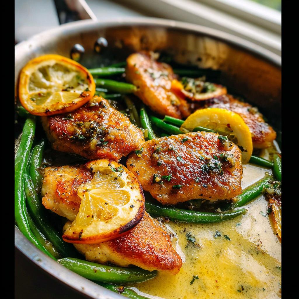 Pan-seared chicken pieces with green beans, lemon slices, and garlic sauce in a skillet.