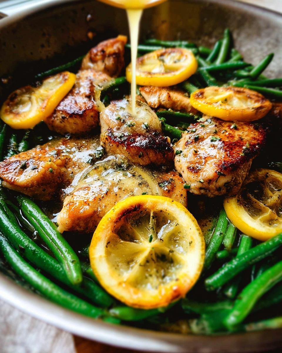 Close-up of Healthy Lemon Garlic Chicken and Vegetable Skillet with sauce being poured over seared chicken and green beans.