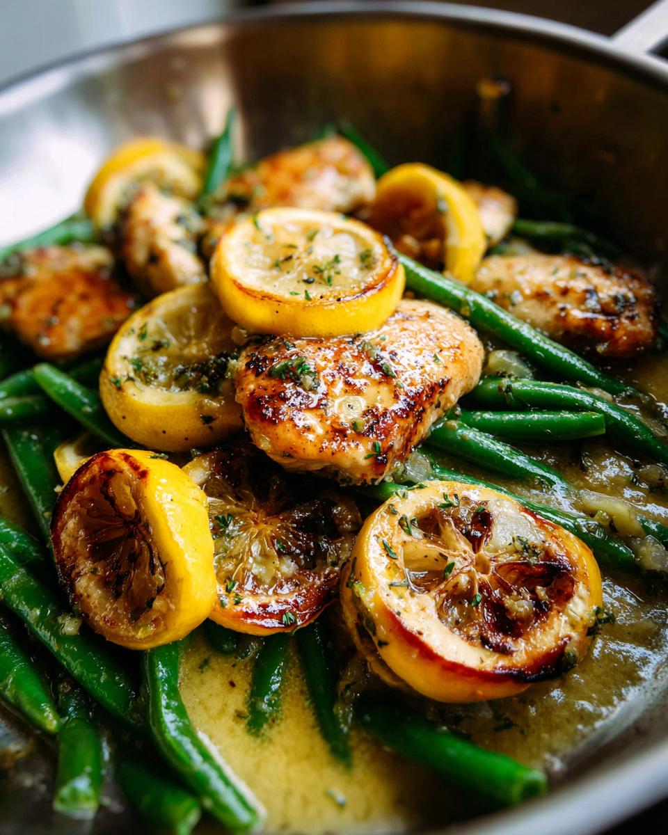 Close-up of pan-seared Healthy Lemon Garlic Chicken and green beans in a bright lemon-garlic sauce.