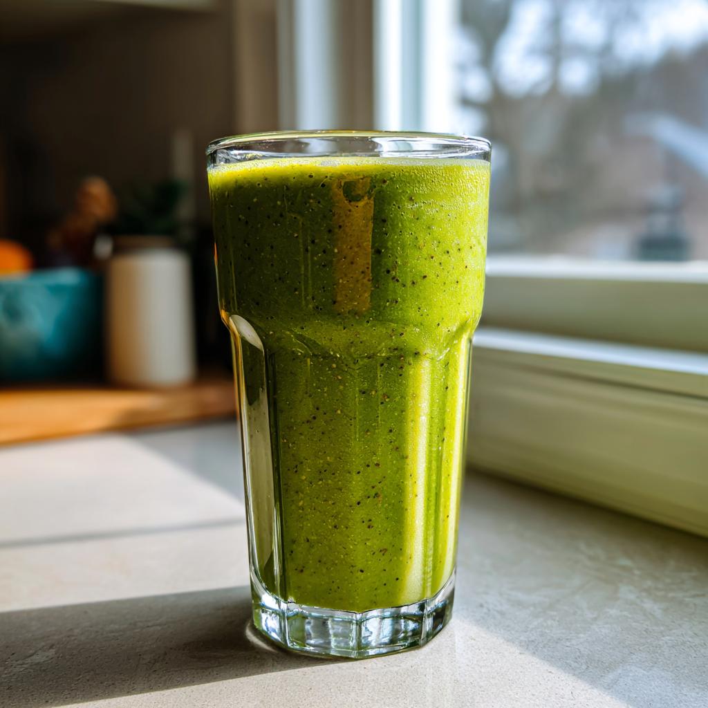 A tall glass filled with a vibrant green healthy smoothie, sitting on a countertop near a window.