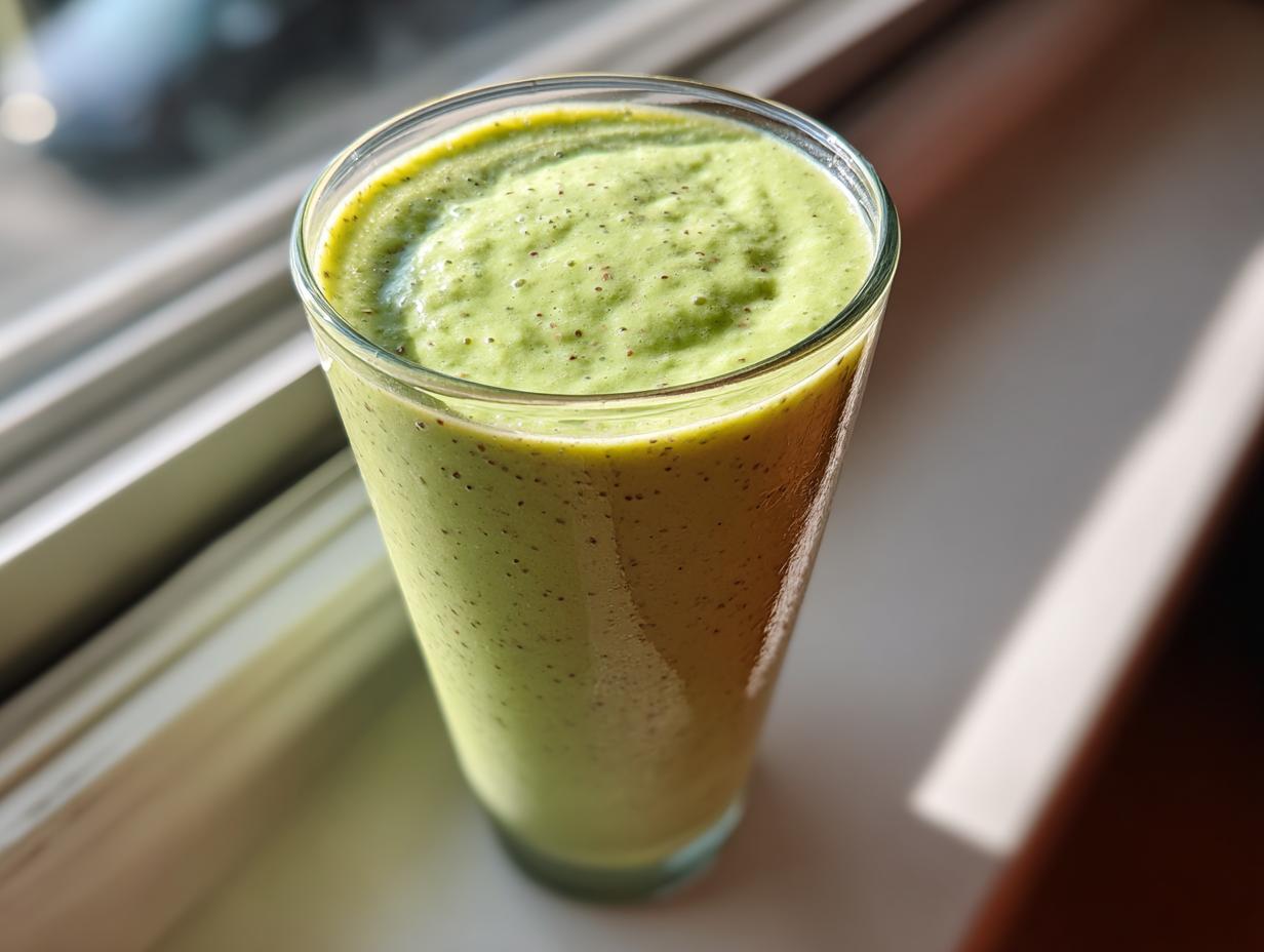 Close-up of a vibrant green healthy smoothie in a tall glass, sitting on a sunlit windowsill.
