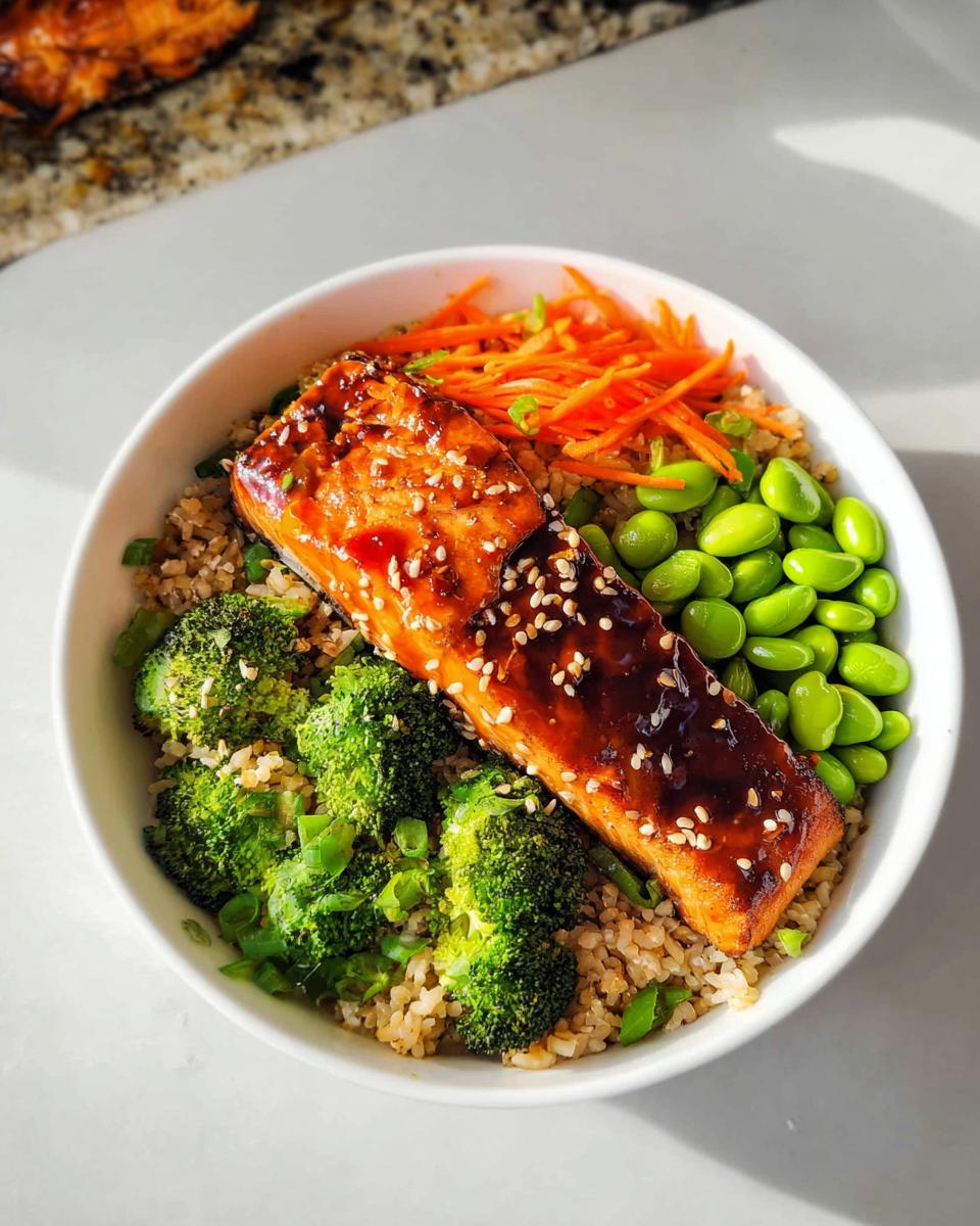 A close-up of a Healthy Teriyaki Salmon and Broccoli Bowls featuring glazed salmon over brown rice with edamame and shredded carrots.