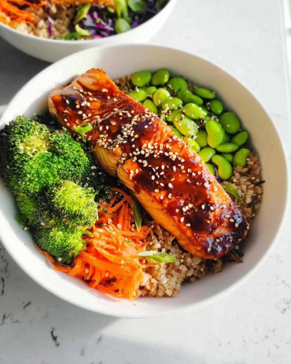 Close-up of a Healthy Teriyaki Salmon and Broccoli Bowl featuring glazed salmon, brown rice, broccoli, edamame, and shredded carrots.