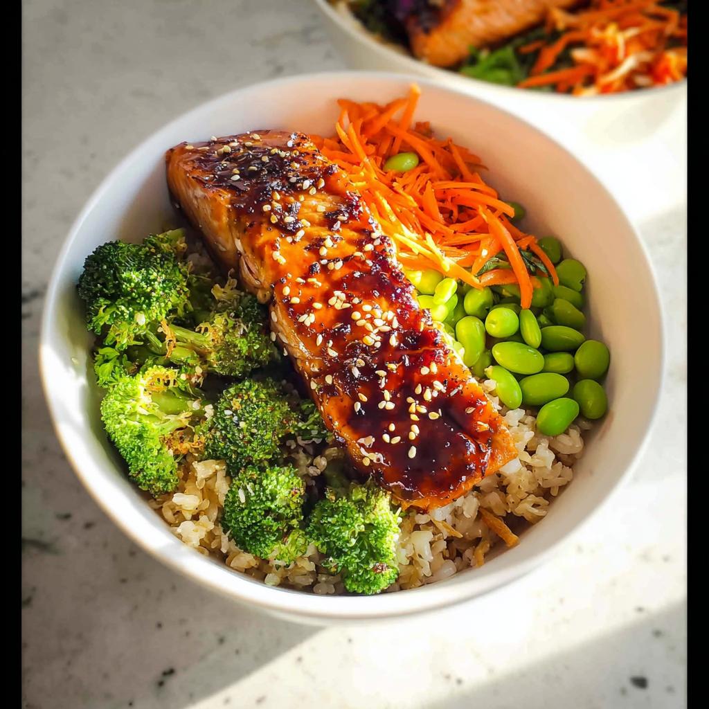 Close-up of a Healthy Teriyaki Salmon and Broccoli Bowl featuring glazed salmon, brown rice, broccoli, edamame, and shredded carrots.