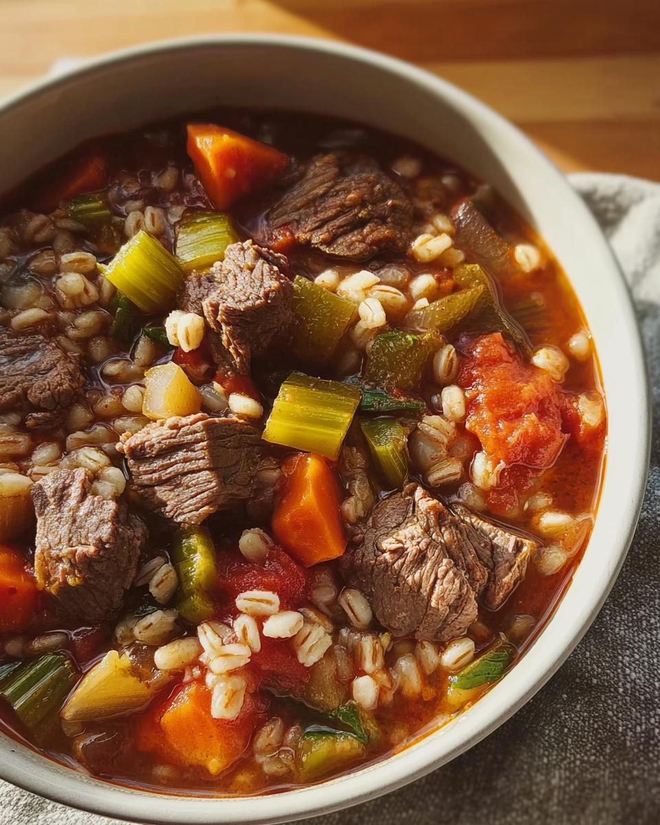 Close-up of a bowl filled with rich, red broth containing chunks of beef, barley, carrots, and celery in Hearty Beef and Vegetable Barley Soup.
