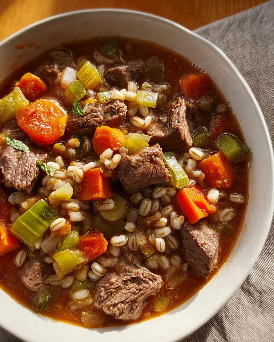 A close-up view of a white bowl filled with Hearty Beef and Vegetable Barley Soup, showing chunks of beef, carrots, celery, and barley.