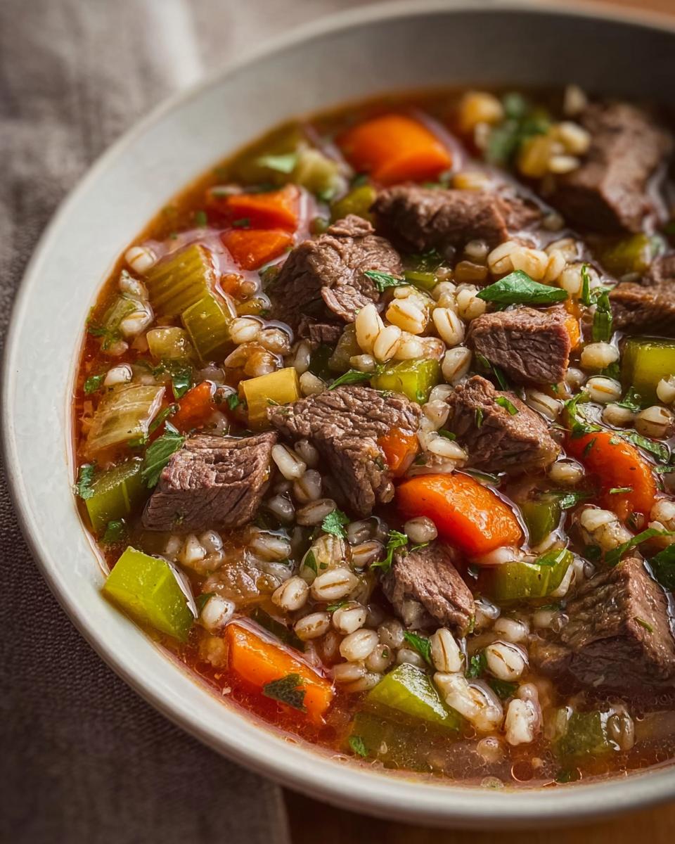 A close-up bowl of Hearty Beef and Vegetable Barley Soup showing chunks of beef, barley, carrots, and celery in a rich broth.