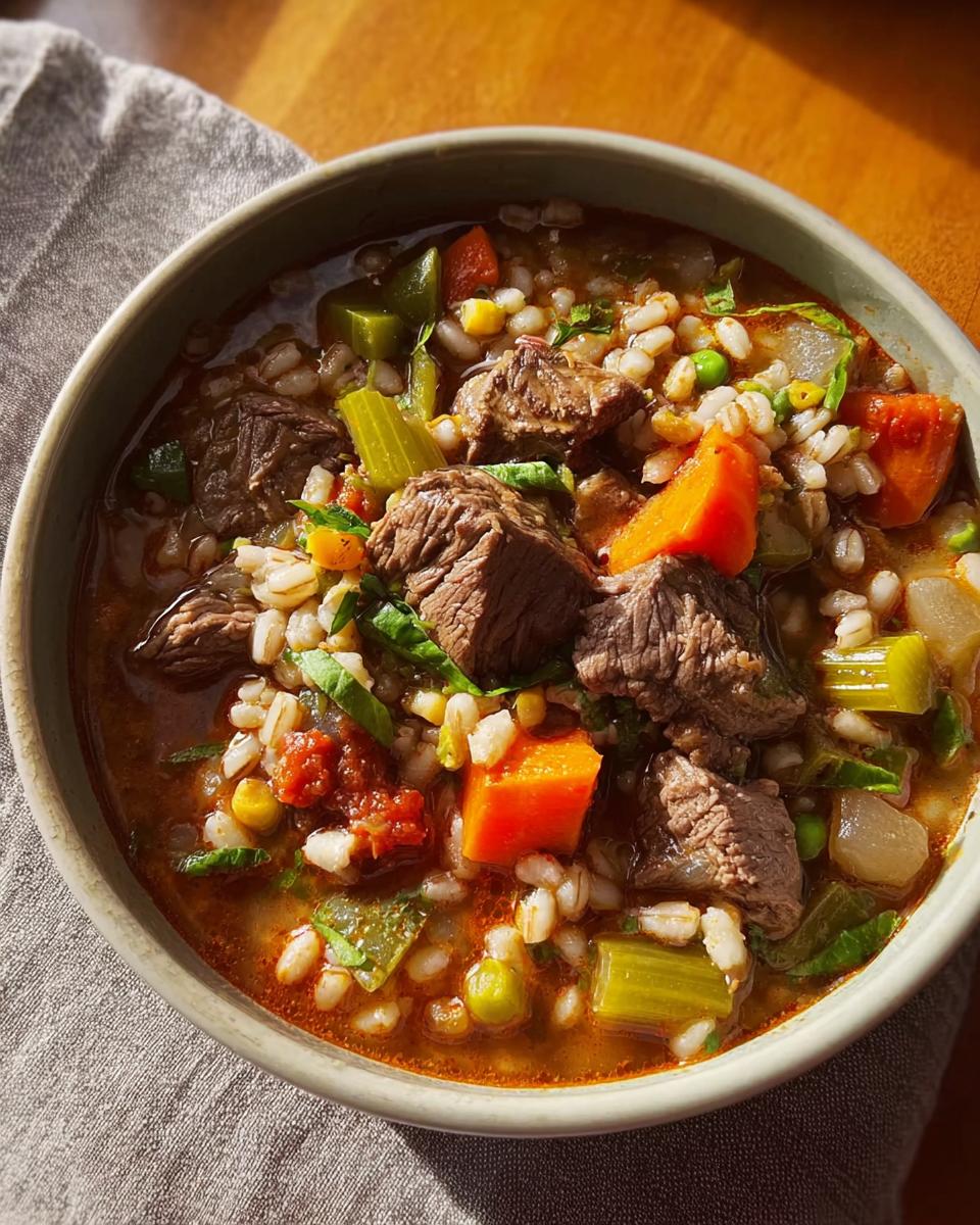 Close-up of a bowl filled with Hearty Beef and Vegetable Barley Soup, showing chunks of beef, carrots, celery, and barley.