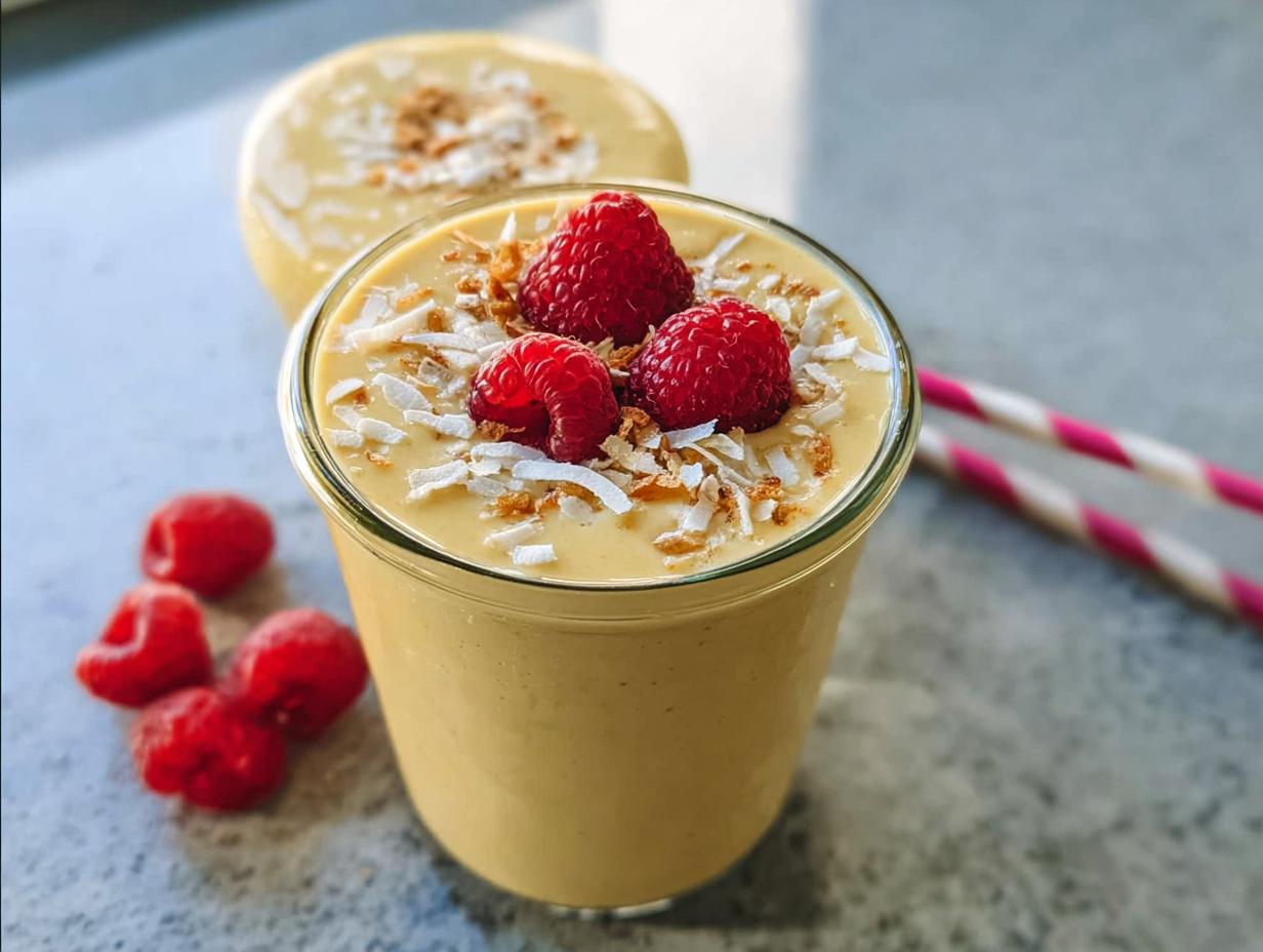 Close-up of a yellow High-Protein Fruit Smoothies topped with fresh raspberries and coconut flakes.