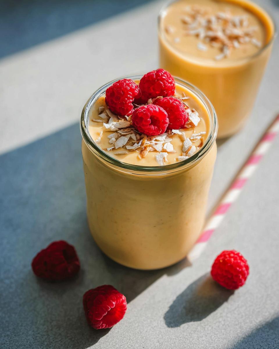 A close-up of a thick, yellow High-Protein Fruit Smoothies topped with fresh raspberries and coconut flakes.