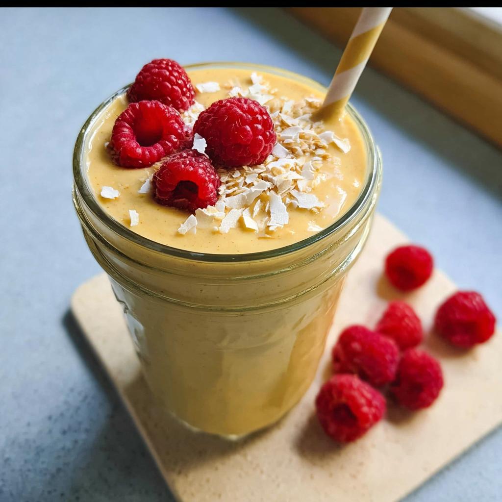 A thick, yellow High-Protein Fruit Smoothies topped with fresh raspberries and coconut flakes in a mason jar.