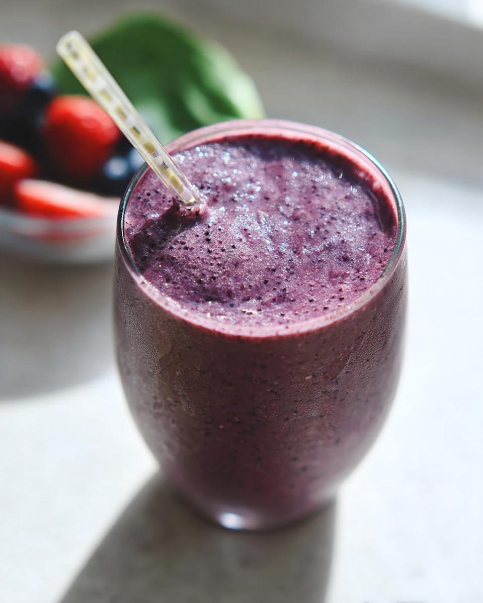 Close-up of a thick, frosty, purple smoothie in a glass with a straw, perfect for Best High-Protein Smoothies for Weight Loss & Fat Burning!
