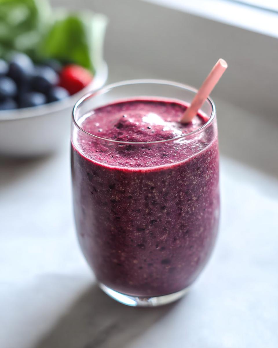 A thick, dark purple, high-protein smoothie in a clear glass with a pink straw, ready for weight loss.