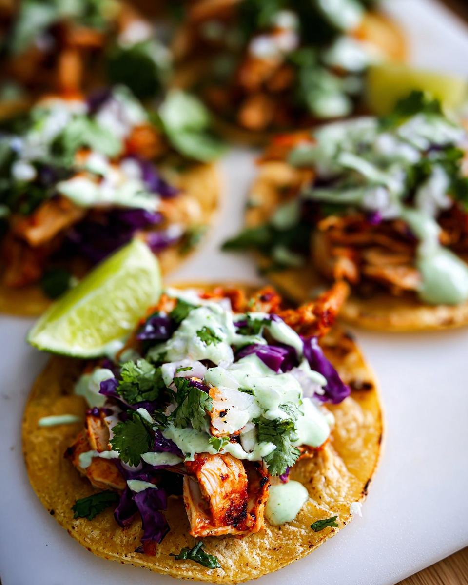 Close-up on one of several Homemade Chicken Street Tacos topped with red cabbage, cilantro, and a creamy green sauce, served with a lime wedge.