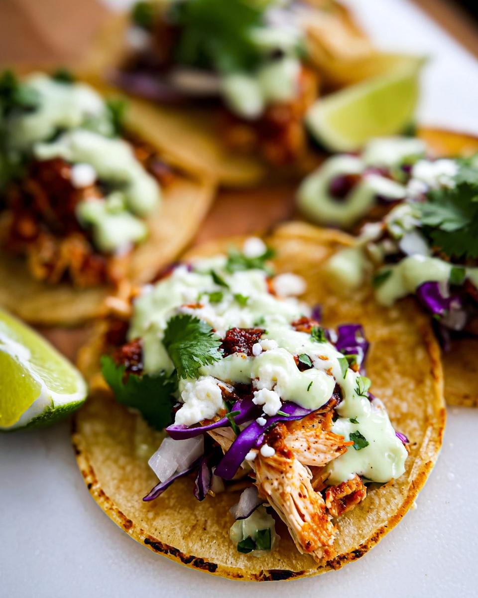 A close-up of delicious Homemade Chicken Street Tacos topped with purple cabbage, cotija cheese, and green crema.