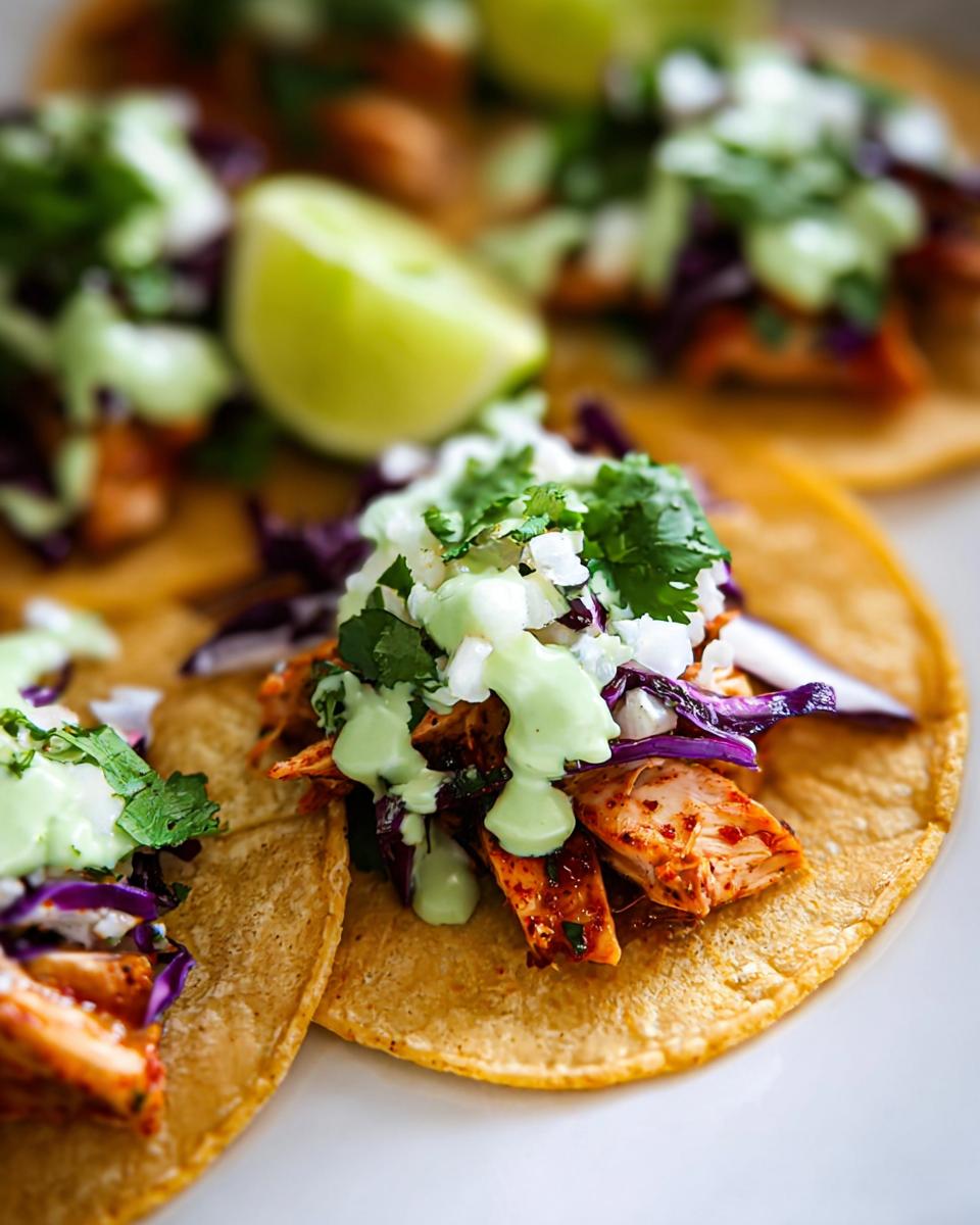 Close-up of delicious Homemade Chicken Street Tacos topped with red cabbage, onions, cilantro, and green crema.
