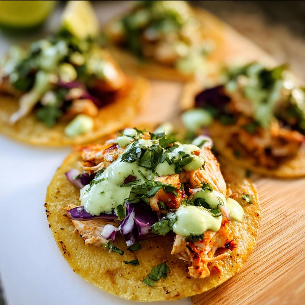 Close-up of a Homemade Chicken Street Taco topped with red cabbage, cilantro, and a bright green creamy sauce.