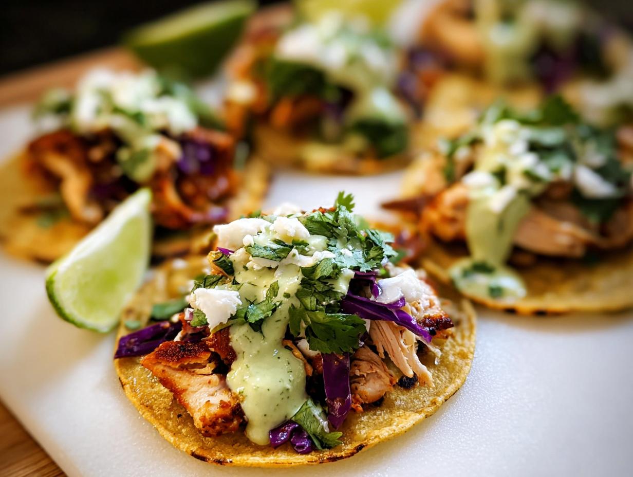A close-up of a delicious Homemade Chicken Street Taco topped with purple cabbage, cilantro, cotija cheese, and creamy green sauce.