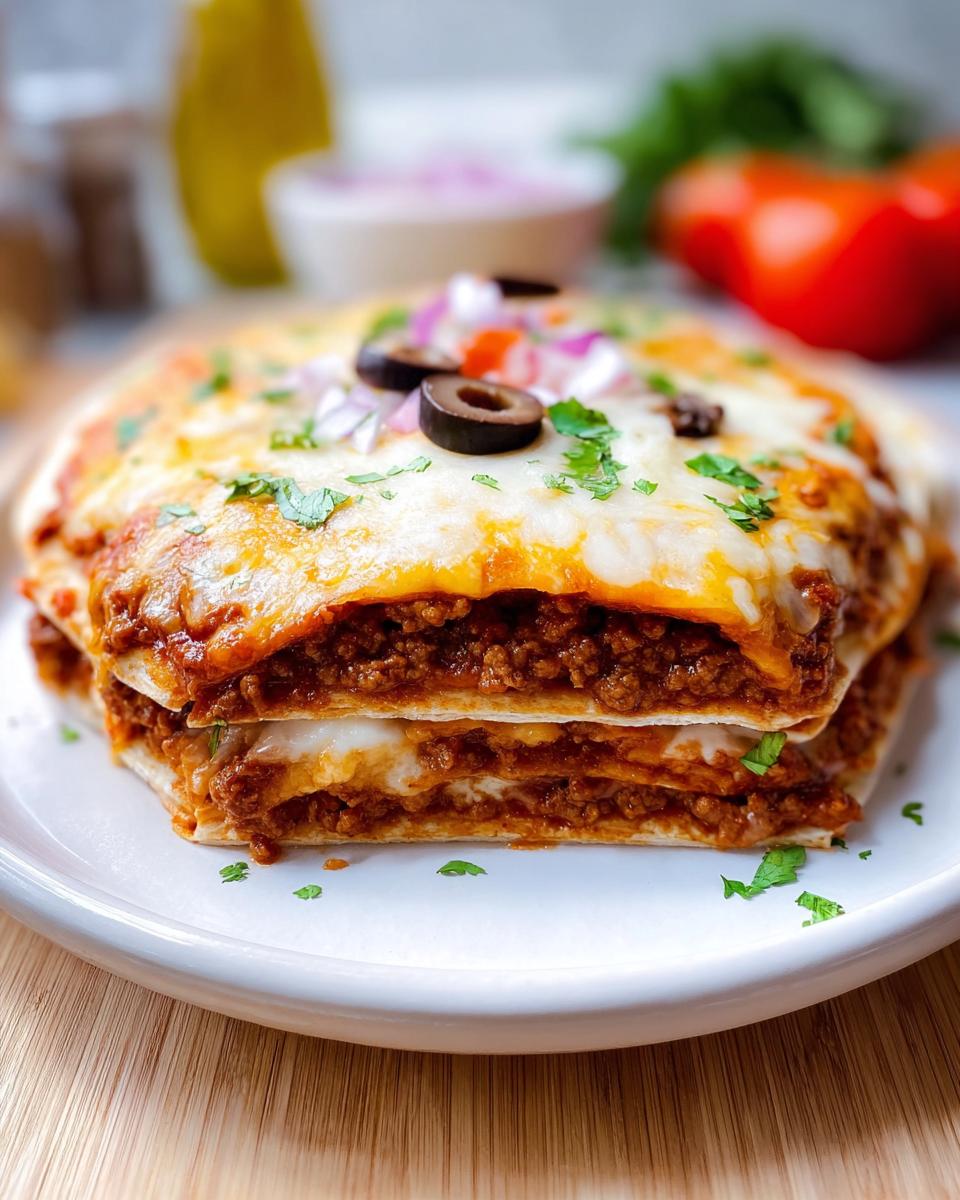 A stacked, homemade Mexican Pizza featuring layers of seasoned beef, melted cheese, topped with black olives and diced red onion.
