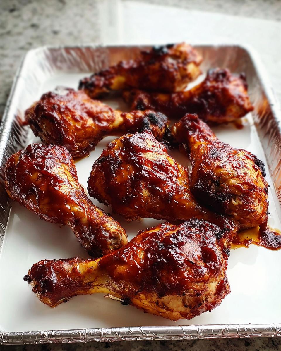 Close-up of several glistening Honey BBQ Baked Chicken Legs fresh out of the oven on a white surface inside a foil pan.