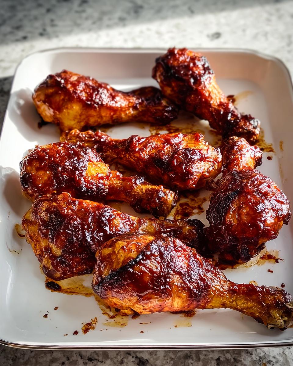 Close-up of several glistening Honey BBQ Baked Chicken Legs fresh out of the oven in a white baking dish.