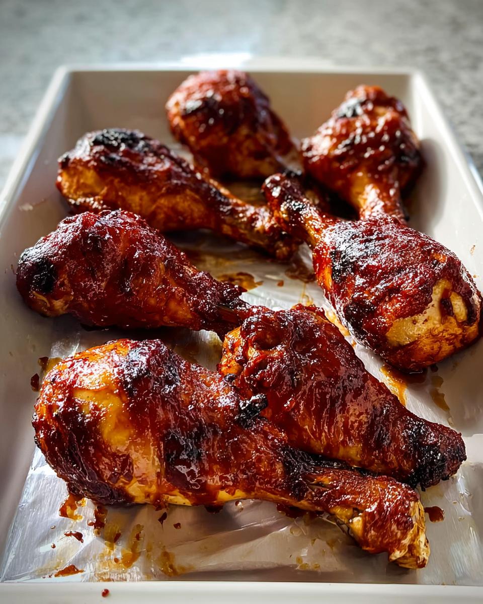 Close-up of perfectly baked Honey BBQ Baked Chicken Legs with a sticky, caramelized glaze in a white dish.