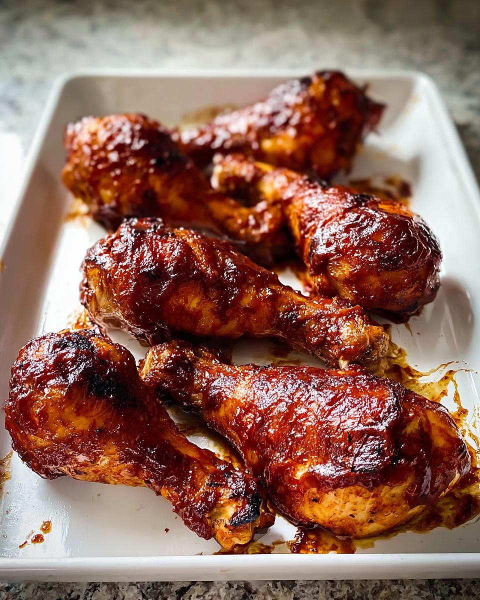 Close-up of several glossy, caramelized Honey BBQ Baked Chicken Legs resting on a white serving dish.