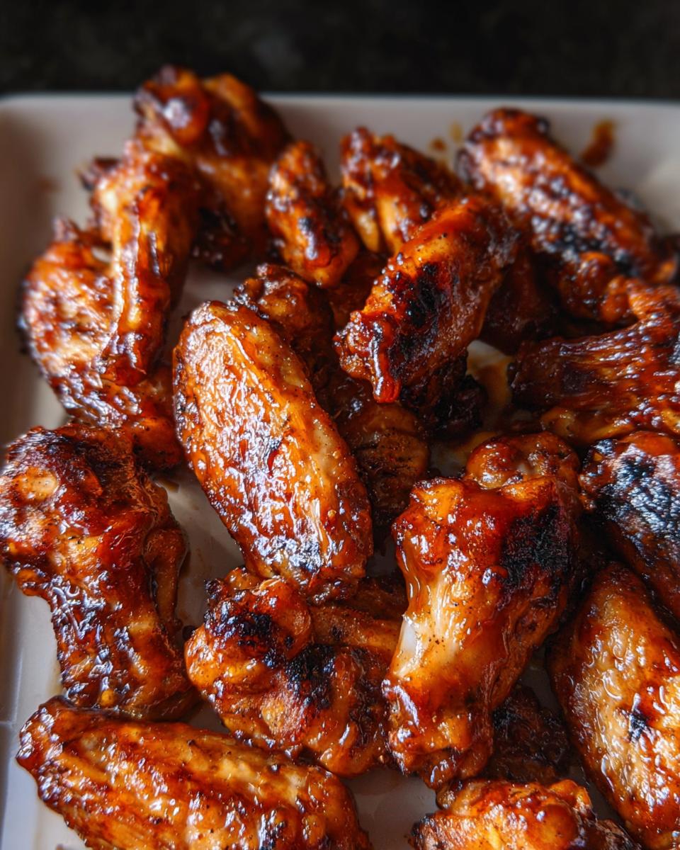 A close-up view of several glossy, caramelized Honey BBQ Grilled Chicken Wings piled on a platter.