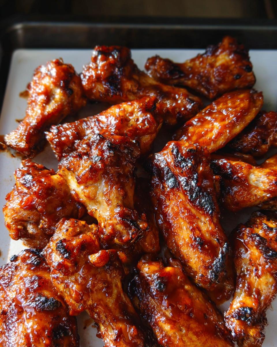 Close-up of perfectly grilled Honey BBQ Grilled Chicken Wings, glazed and slightly charred.