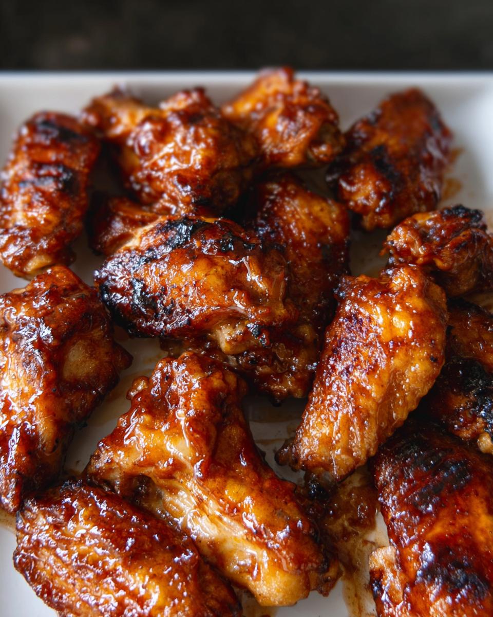 Close-up of glistening, sticky Honey BBQ Grilled Chicken Wings piled on a white plate.