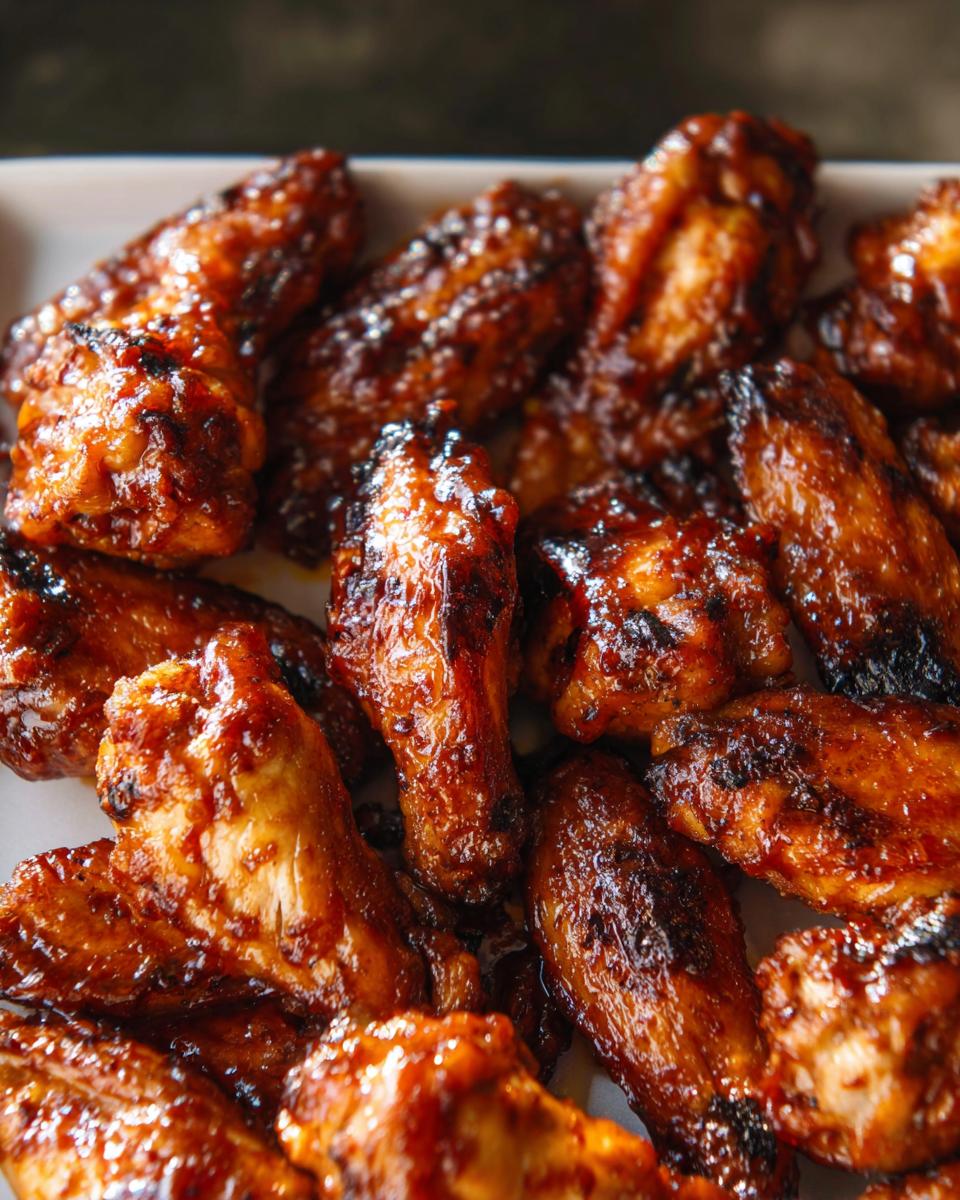A close-up view of many glistening, caramelized Honey BBQ Grilled Chicken Wings piled together on a white platter.