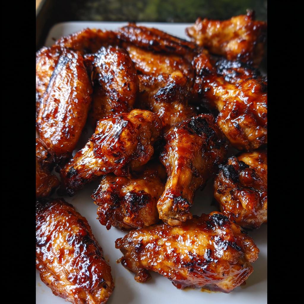 A close-up of perfectly cooked Honey BBQ Grilled Chicken Wings piled on a white platter, glistening with sauce.