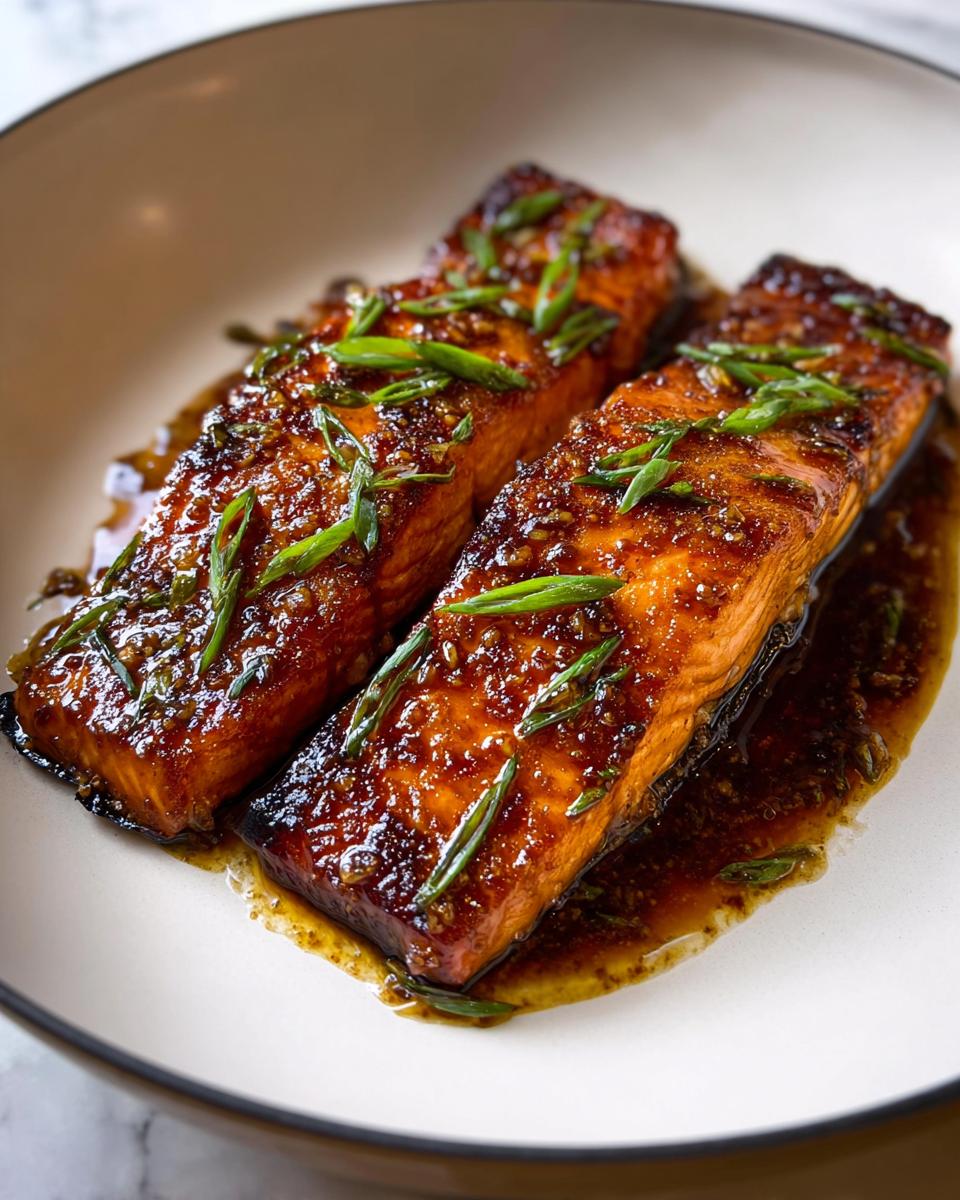 Two glistening Honey Garlic Baked Salmon Fillets covered in a thick glaze and topped with sliced green onions.