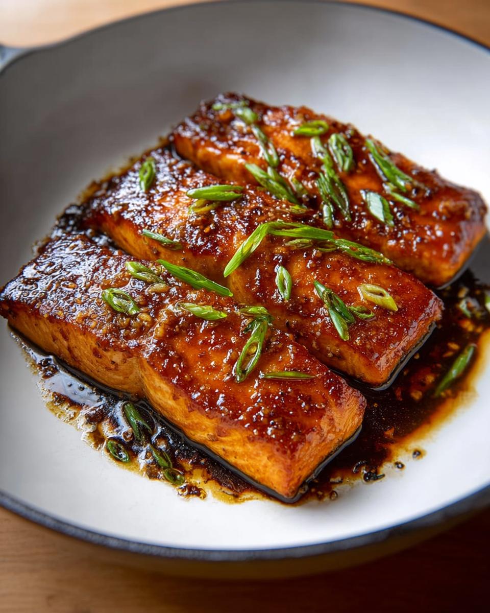 Three perfectly cooked Honey Garlic Baked Salmon Fillets covered in a rich, dark glaze and topped with sliced green onions.