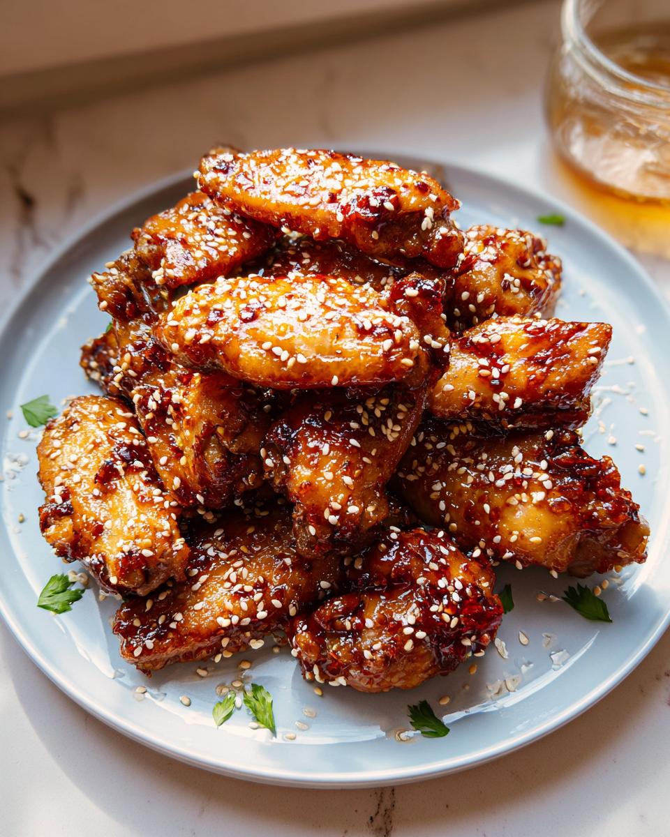 A close-up of a pile of Honey Garlic Sticky Chicken Wings coated in glaze and sesame seeds.